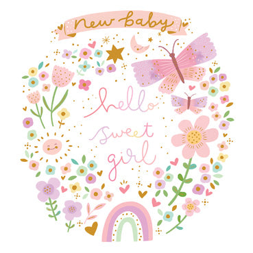 CYF108 - Carte de vœux Hello Sweet Baby Girl (finition feuille) (6 cartes)