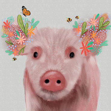 LIA108 - Floral Pig Greeting Card (6 Cards)