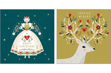 NC-XM555 - Folk Angel and Winter Stag Christmas Pack  (3 Packs of 6 cards)