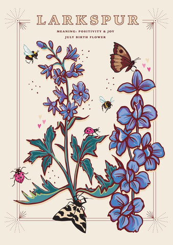 57AS121 - Carte de fleur de naissance Larkspur (juillet)