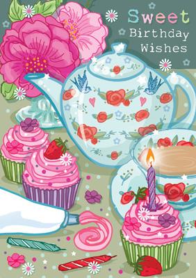57AS15 - Carte d'anniversaire thé et gâteaux