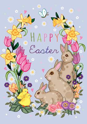 57AS28 - Happy Easter (Rabbits and Daffs) Easter Card