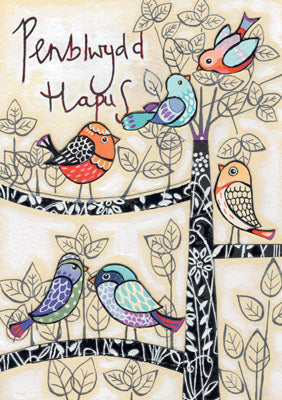 57DG105 – Carte d'anniversaire galloise Penblwyd Hapus (oiseaux) (6 cartes)