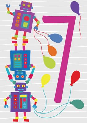 57JK15 - 7e anniversaire (Robots avec ballons) Carte de vœux