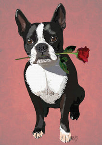 57LL002 - Boston Terrier avec carte de vœux rose (6 cartes)