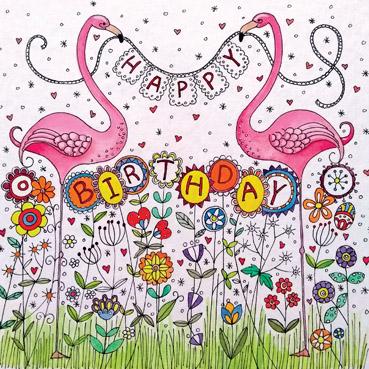 ATG104 - Happy Birthday Flamingos Flittered Birthday Card