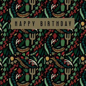 BEA142 - Happy Birthday (Leaves and Cactus) Foil Finished Greeting Card (6 cards)