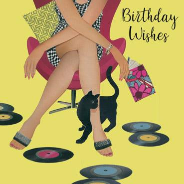 BWS103 - Lady with Black Cat and Records Birthday Card