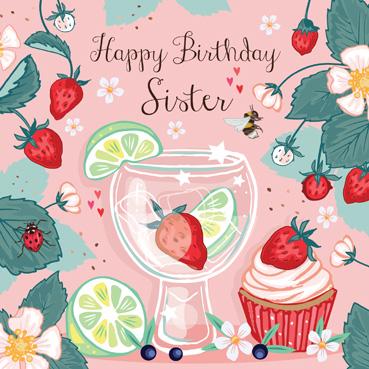 SAS108 - Happy Birthday Sister (Drink and Cupcake) Birthday Card